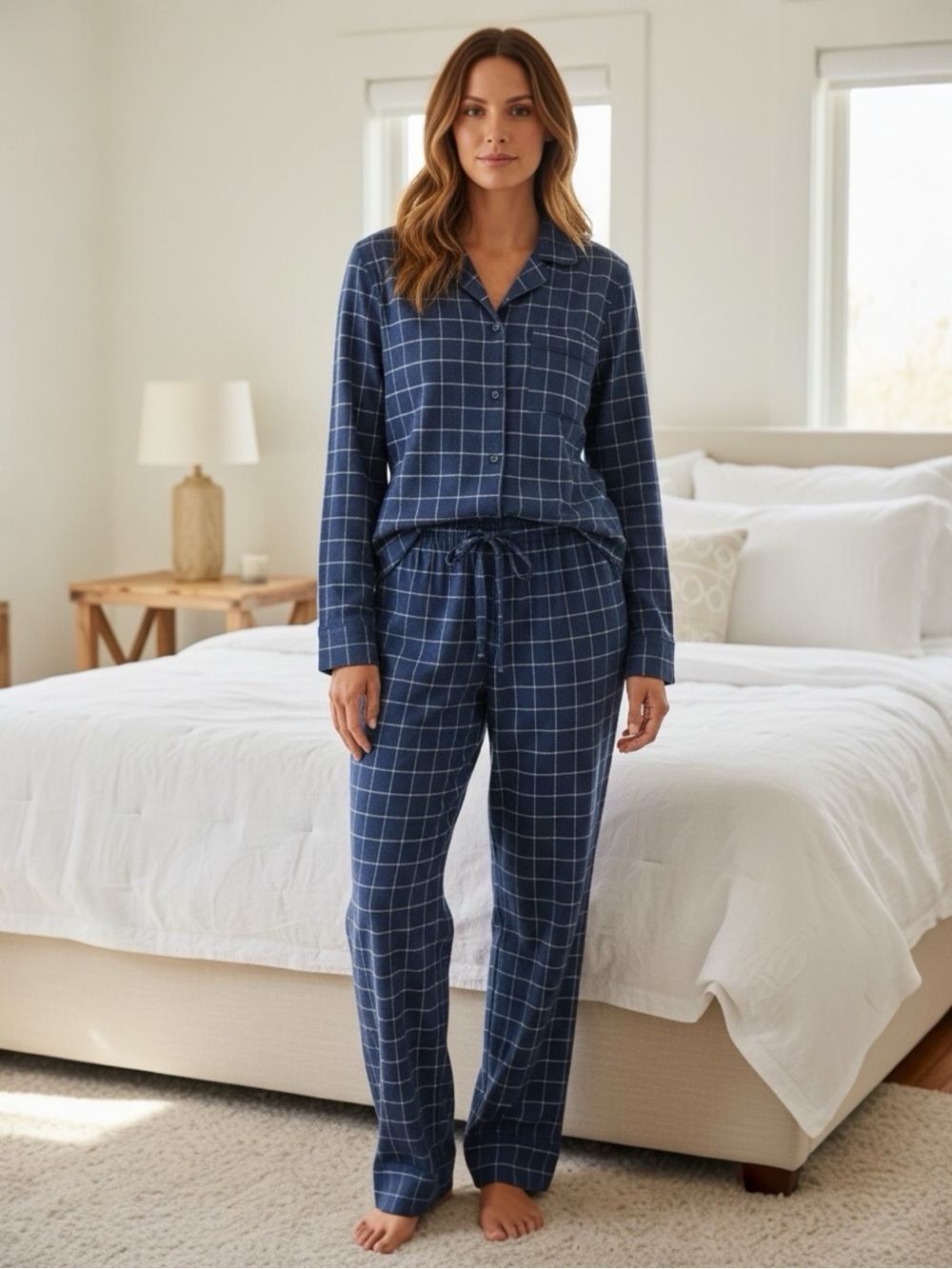 Pajama Set XXS Lake Blue Plaid Cotton Button Up Pants NWOT